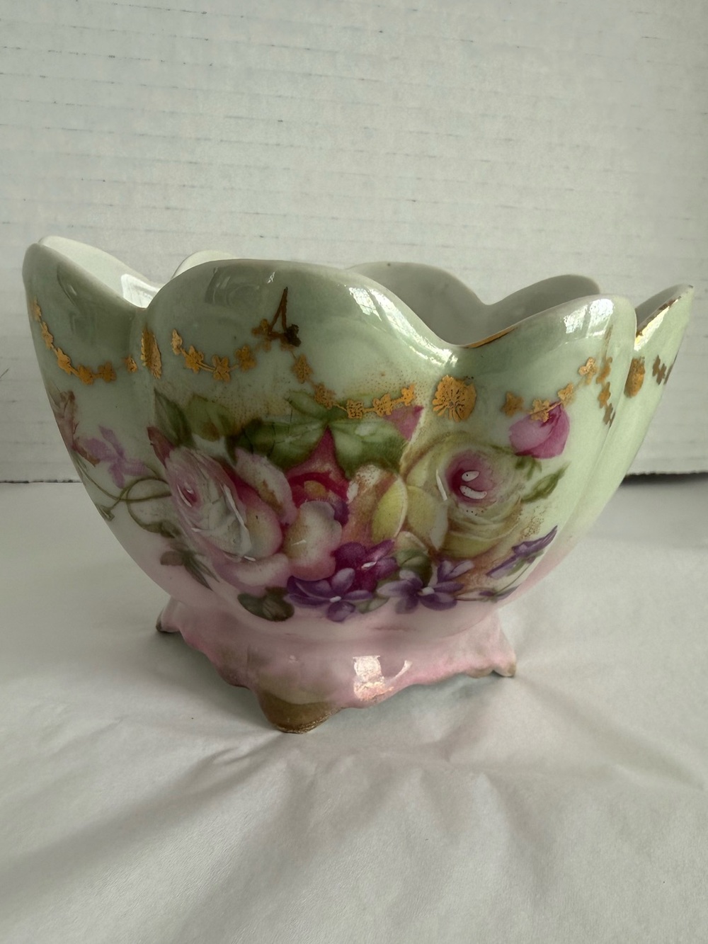 Antique Greiner & Herda Germany Porcelain Footed Floral Bowl Roses Gold Trim